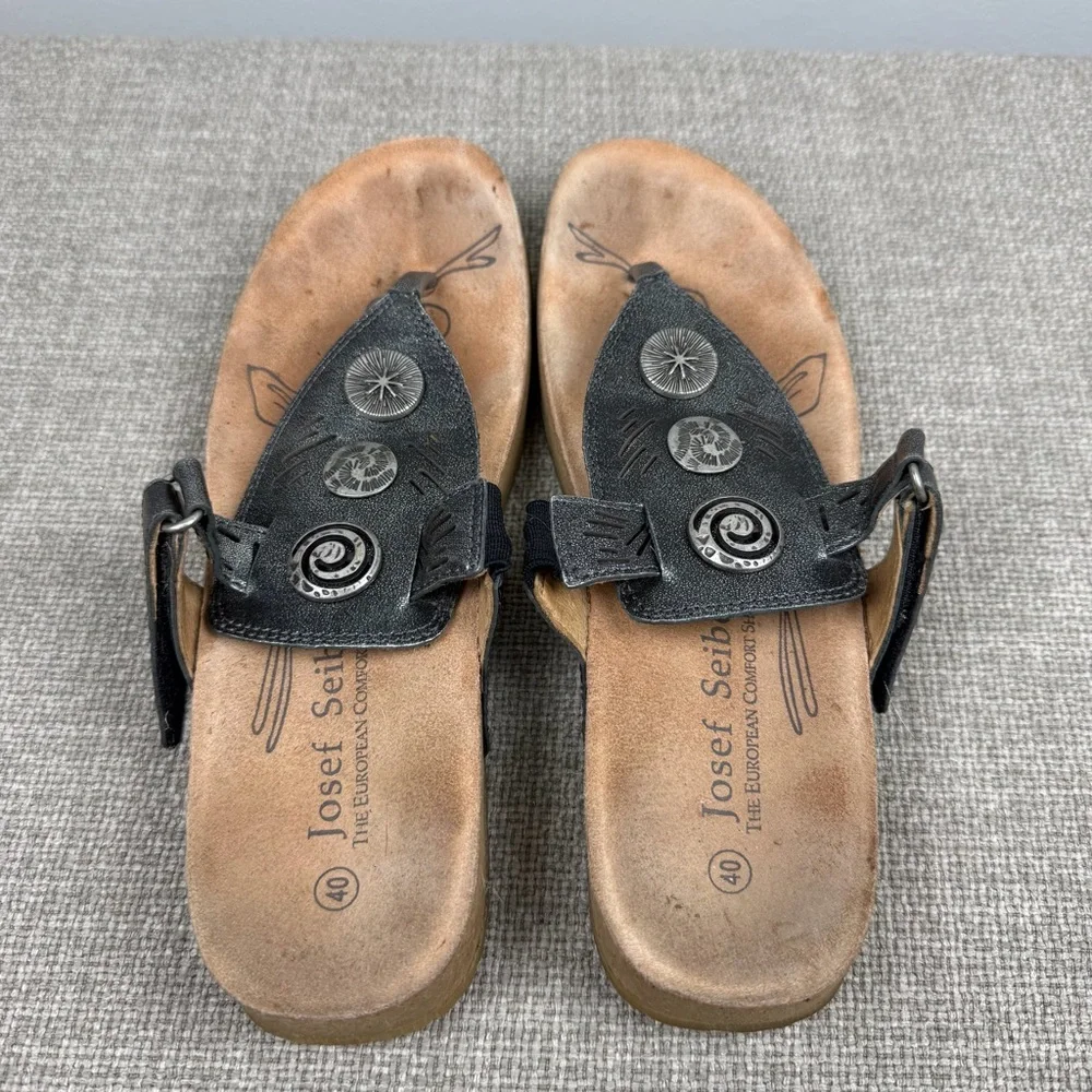 Josef Seibel Gray Silver Metallic Leather Thong Comfort Sandals Size 40 9.5